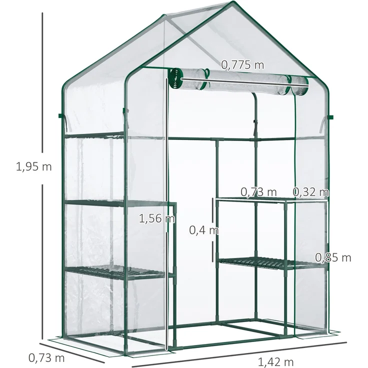 Wohnora-Gewächshaus mit 4 Stahlregalen, hochdichtem PVC (140 g/m²), UV-beständig, 142 x 73 x 195 cm, transparent grün,H 1950cm x T 365cm x B 730cm – Bild 4
