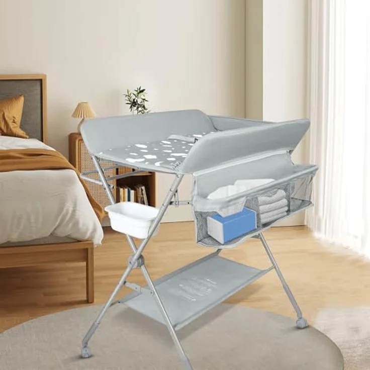 mobiler Wickeltisch mit Wickelaufsatz, Wickelkommode klappbar höhenverstellbar, Wickelkombi mit Sicherheitsgurt Aufbewahrungskorb Kleiderstange-80 * 58 * 90 cm-hellgrau – Bild 8