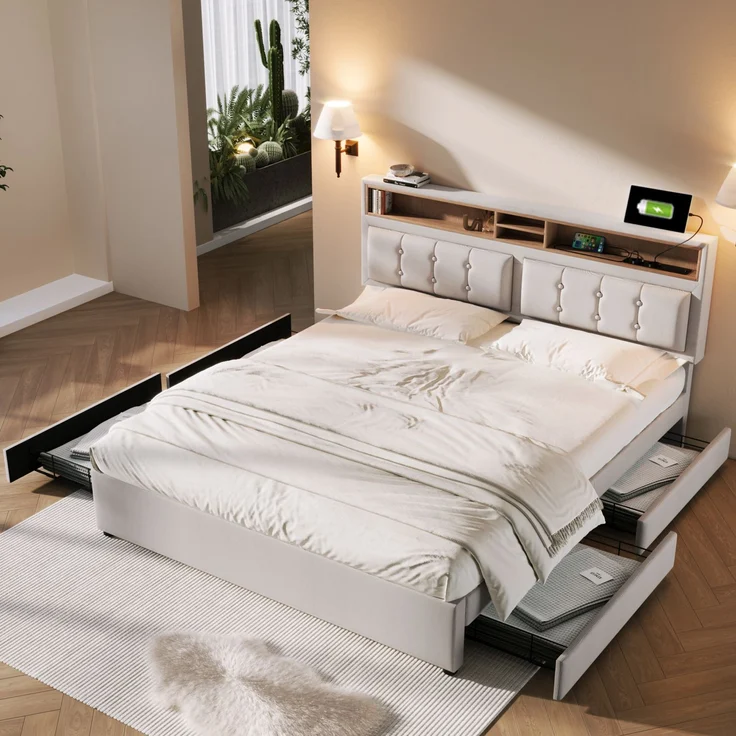 Polsterbett 140×200 cm mit verstellbarem Kopfteil,USB & Steckdosen,4 Schubladen,Leinenstoff beige,inklusive Matratze – Bild 5