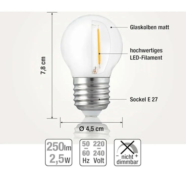 hellum E27 Glühbirne LED mit 2,5 Watt und 250 Lumen, Glühbirne E27 LED warmweiss mit 2700 Kelvin, LED Birne matt, Leuchtmittel Ersatz für 25 Watt Glühbirne E27, G40 LED Birne 209204 – Bild 3
