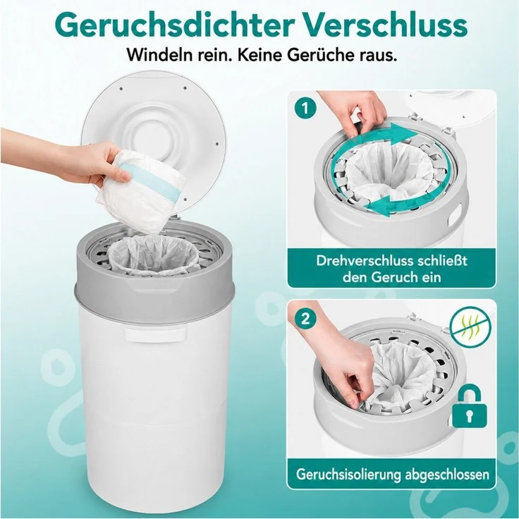 Rutaqian Windeleimer Windeleimer 13L mit Geruchsverschluss und Nachfüllfolie Baby, Windelmülleimer mit 360° Drehgriff einzeln versiegelnd Grau – Bild 3