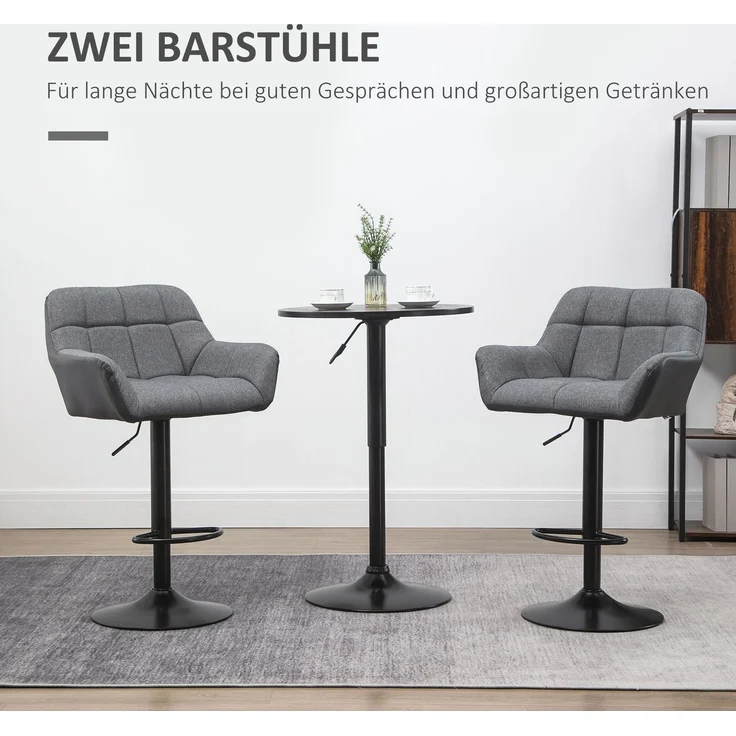 Barhocker 2er-Set B 52,5 x T 57,5 x H 93–114 cm, höhenverstellbar, drehbar, graue Leinenoptik – Bild 2