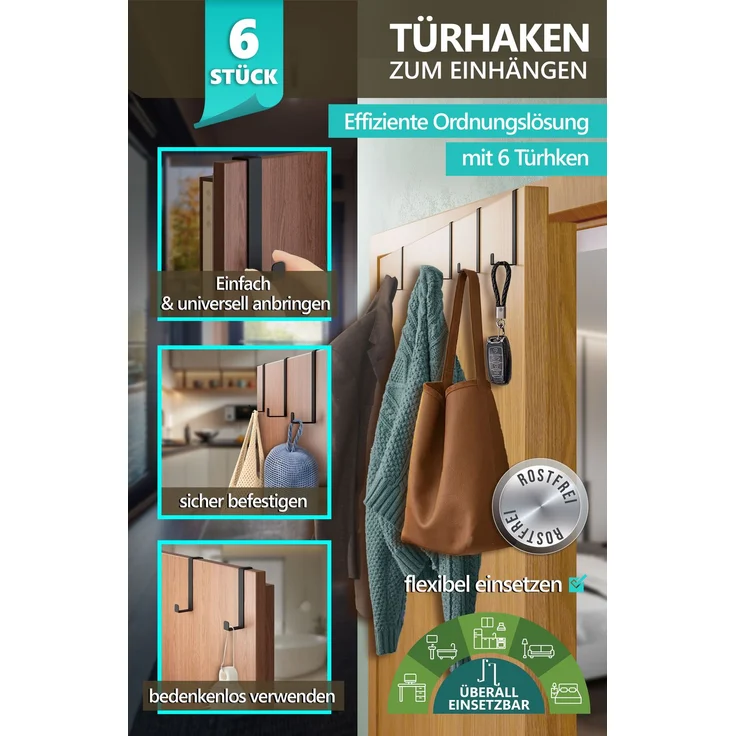Aurelia Home Türhaken zum Einhängen, 6er-Set, Schwarz – für Türen und Schranktüren, bis 8 kg – Bild 2