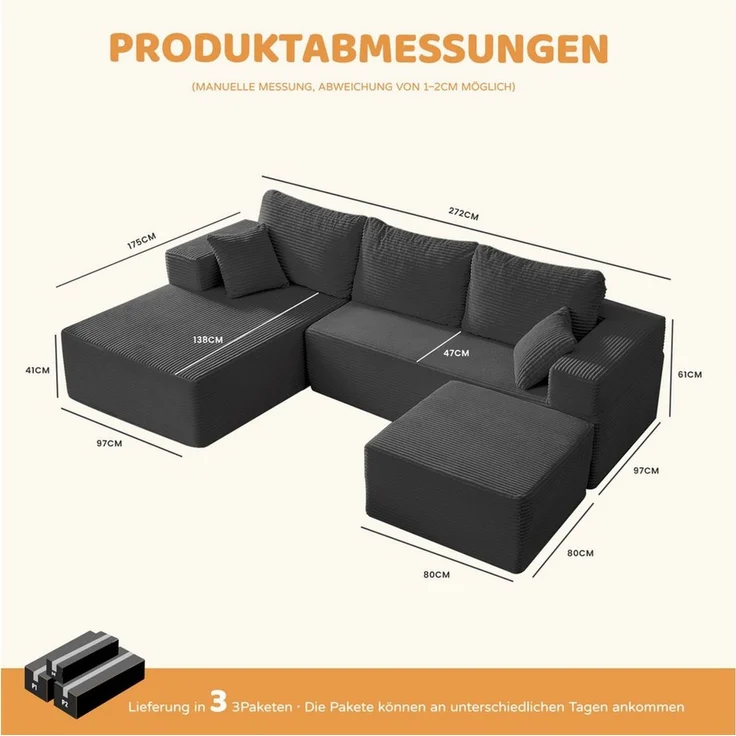 LITBIRD Ecksofa U-förmig 272 x 175 x 61 cm, modulares Oversize-Schlafsofa, montagefrei, mit Recamiere, extra tief sitzend, als Schlafsofa nutzbar – Bild 2