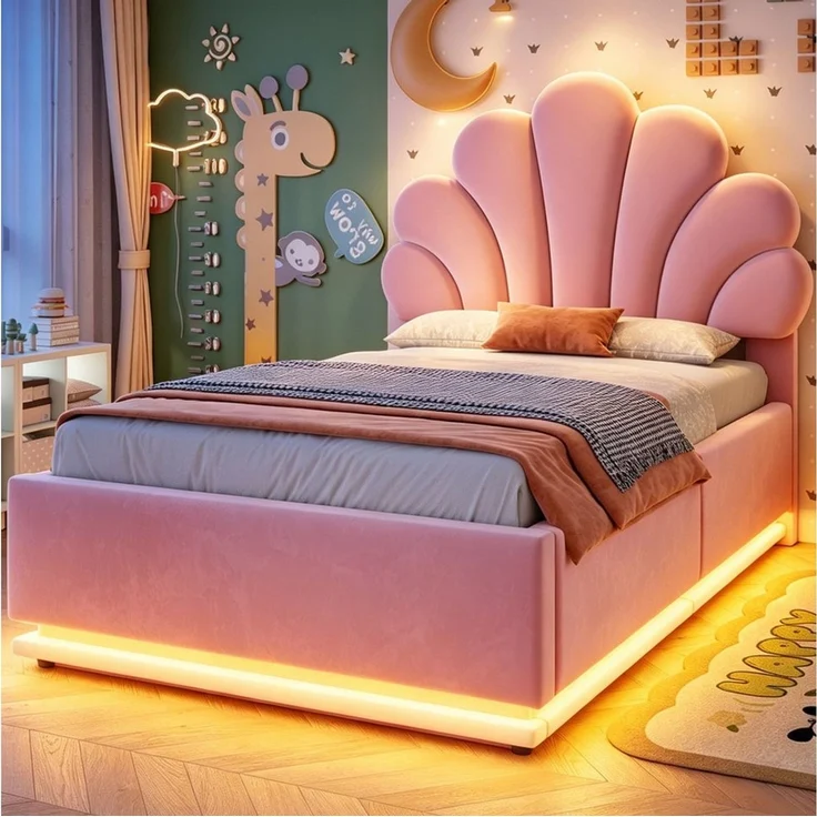 Odikalo Stauraumbett 90×200 140×200 Kinderbett Polsterbett Jugendbett Beige mit LED (Blütenförmigem Kopfteil Hydraulischem Stauraum Beleuchtung und Metallrahme Samtstoff Beige Rosa Ohne Matratze) – Bild 2