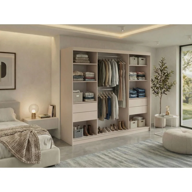 Schwebetürenschrank SKORIA mit großer Spiegelfront, Breite 240 cm, moderner Kleiderschrank, inkl. Innenausstattung und Stauraum - Kaschmir - mit Schubladen – Bild 3