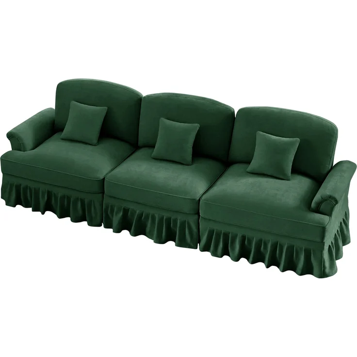 Elegantes Mid-Century 3-Sitzer Sofa, Chenille, Trichter-Armlehnen, abnehmbare Rüschenschürze, spindelförmige Beine, komfortables Sofa fürs Wohnzimmer, Grün – Bild 8