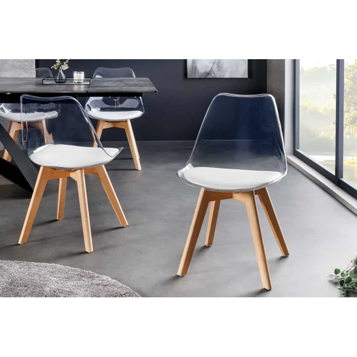 4er Set Design-Klassiker Stuhl NORWAY transparent Kunststoff weiss Buchenholz natur – Bild 4