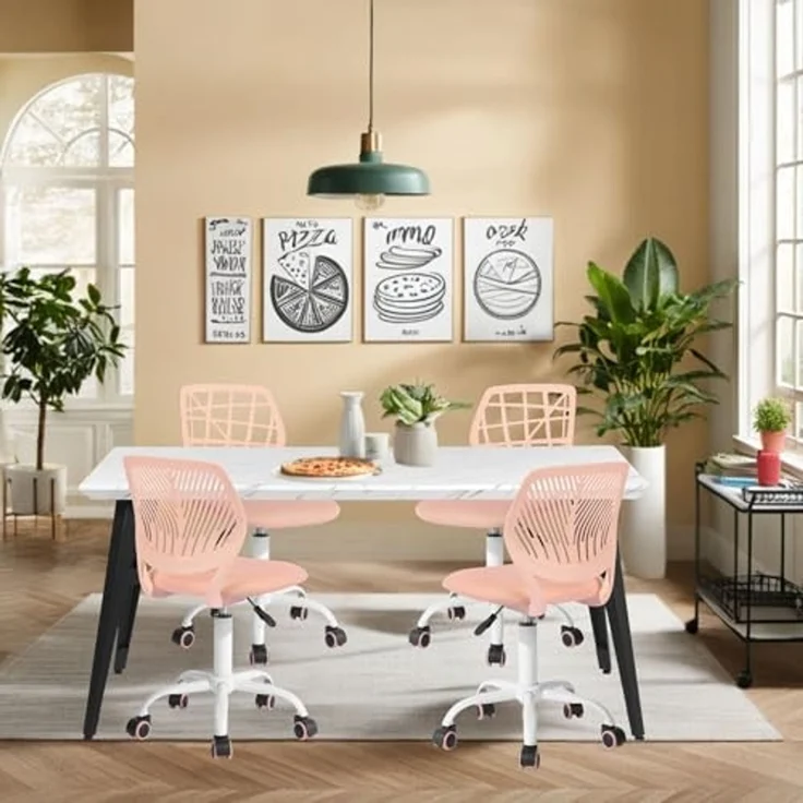 FurnitureR Esszimmer-Drehstühle, 1PC Küchenstuhl, gepolsterter Stuhl, Drehstuhl, bequemer Stuhl mit Rädern, Rückenlehne, armloser Stuhl für Esszimmer, Wohnzimmer, Pfirsich rosa – Bild 2