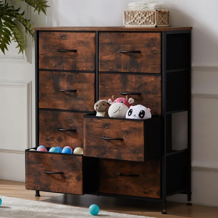 DUMOS Kommode mit Schubladen - kommoden & Sideboards für Schlafzimmer Geeignet, Komodenschrank mit 8 Schubladen, Stoffkommode mit Stabilem Stahlrahmen, Ideal für Schlafzimmer, Wohnzimmer (Braun)