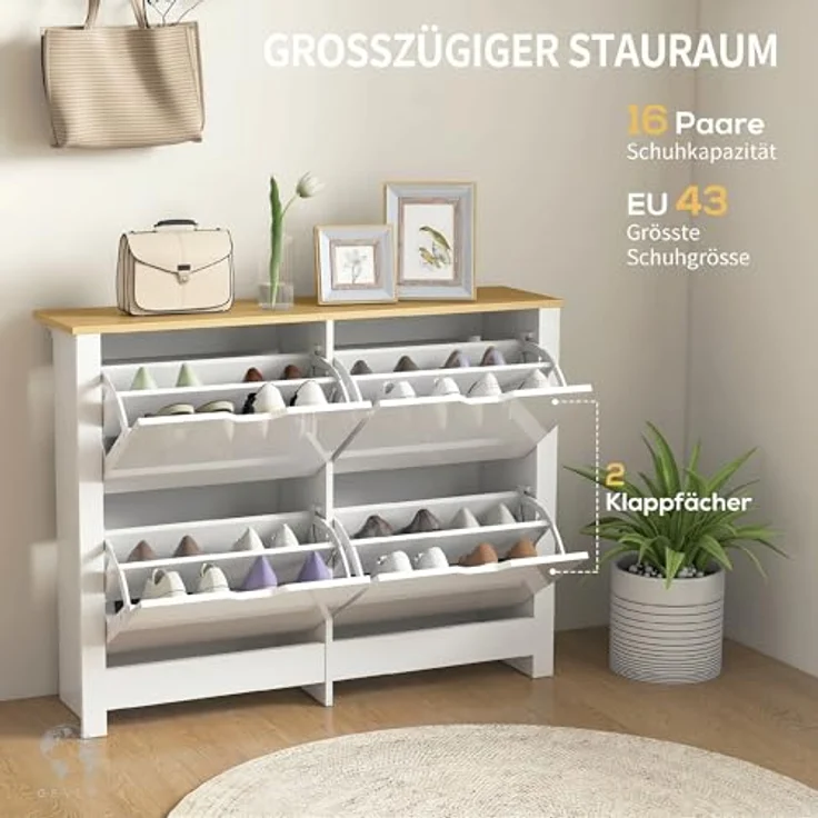 HOMCOM Schuhkipper Schuhregal mit 4 Klappen für 16 Paar Schuhe, Weiß+Natur, kompakte Abmessungen 105 x 26 x 80 cm, stabil und kippsicher – Bild 4