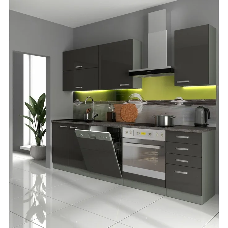 Küche 'Bianca Basic II 240' Küchenzeile, Glanz Grau/ Grey, 85 x 60 x 240 cm