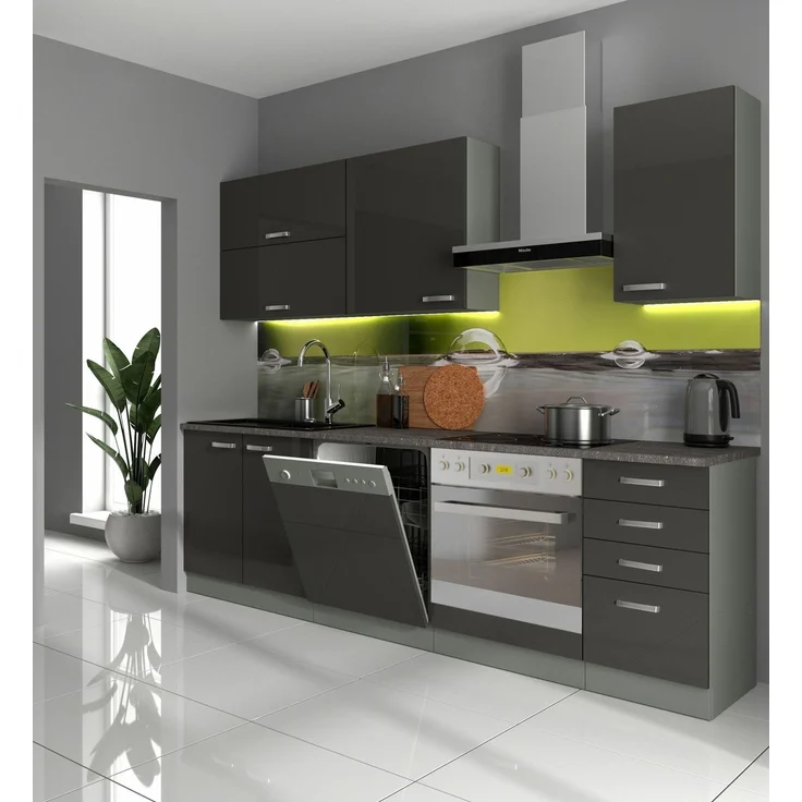 Küche 'Bianca Basic II 240' Küchenzeile, Glanz Grau/ Grey, 85 x 60 x 240 cm – Bild 1