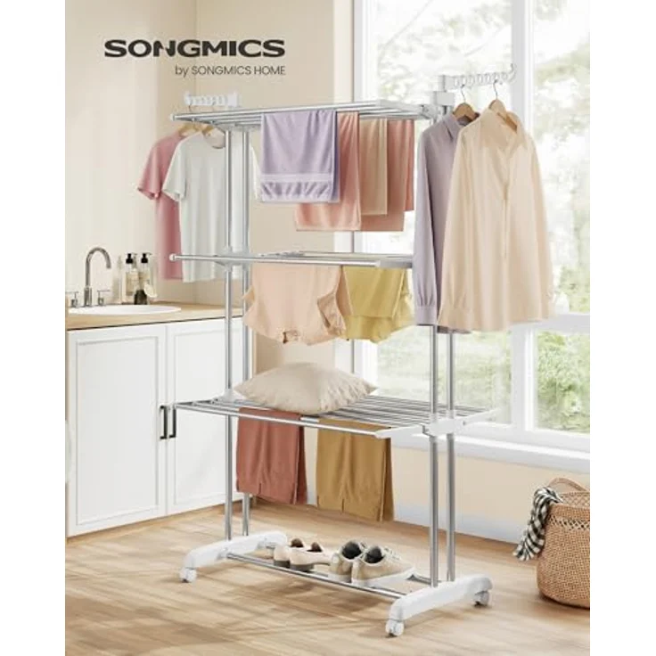 SONGMICS Wäscheständer, Standtrockner 4 Ebenen, Flügelwäscheständer, klappbare Flügel, mit Rollen, 63,5 x 128 x 173 cm, groß, einfacher Aufbau,Silbergrau-wolkenweiß LLR701EW01 – Bild 2