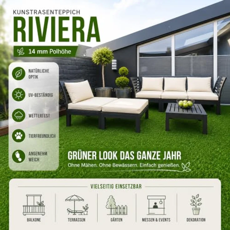 SKY Kunstrasen - Wetterfester Outdoor Teppich für Balkon Terrasse & Garten - Premium Class - Riviera - Polhöhe: 14 mm - 200x1600 cm – Bild 2