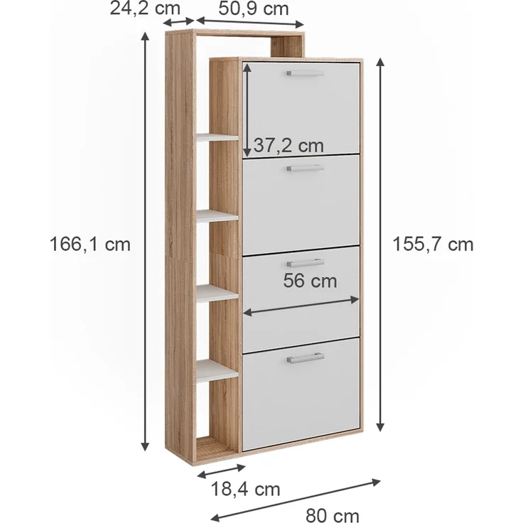 Schuhkipper Orlando Weiß/Sonoma 80 x 166.1 cm mit 4 Fächern Vicco – Bild 2