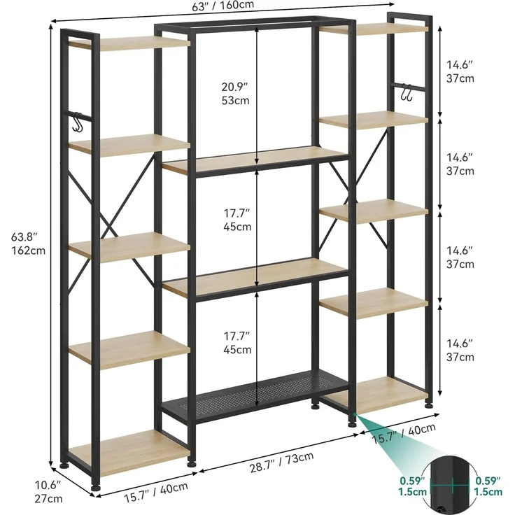 YITAHOME Standregal Bücherregal Mit 13 Regalen, Industrielles Regal Aus Holz Und Metallrahmen, Präsentationsregal Für Wohnzimmer, Heimbüro, Holzfarbe – Bild 3