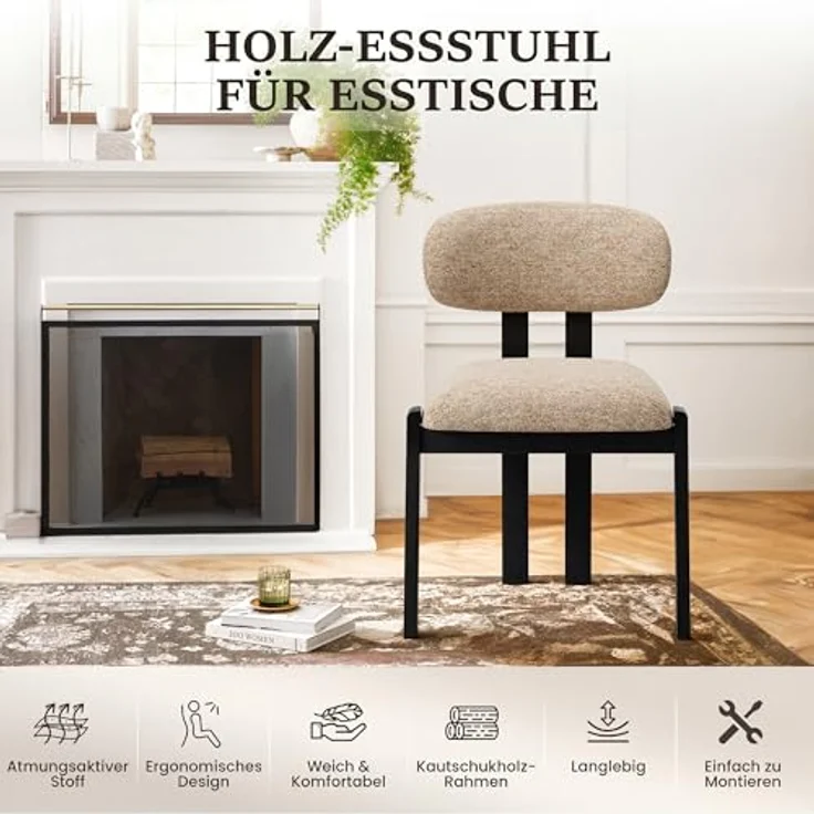 MALOL Esszimmerstühle 4er Set, Moderne Polsterstuhl Essstühle mit Fester Rückenlehne, Stoff Esszimmerstühl mit Holzbein für Esszimmer, Küche, Restaurant, Mit schwarzen Beinen, Kamel – Bild 8