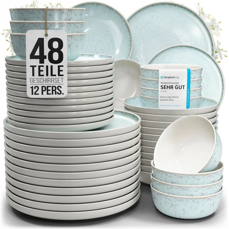 PURE LIVING INTERIOR DESIGN Geschirr-Set Ibiza aus Steingut, 48-tlg, für 12 Personen, Beige Blau (48-tlg), 12 Personen, Steingut – Bild 1