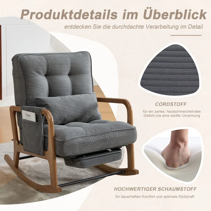 LVHOM Schaukelstuhl mit ausziehbarer Fußstütze, Relaxsessel mit verstellbare Rückenlehne, Loungesessel mit Seitentasche, bis 150 kg belastbar, Grau – Bild 7