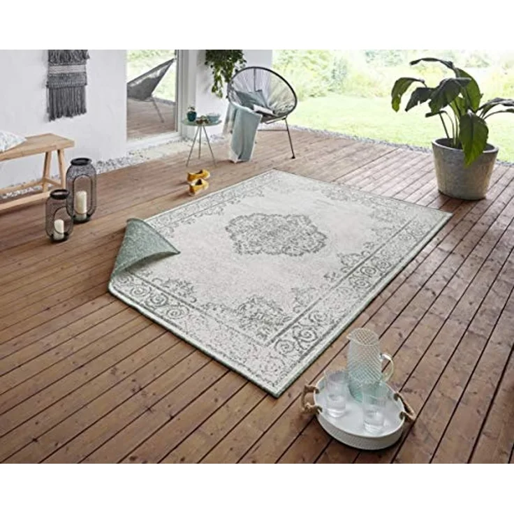NORTHRUGS In- und Outdoor Teppich Cebu 240x340 cm - Wendeteppich Wetterfest Orientalisches Vintage Design Teppich für Balkon Terrasse Garten Wintergarten Wohnzimmerteppich Wasserfest in Blau Creme