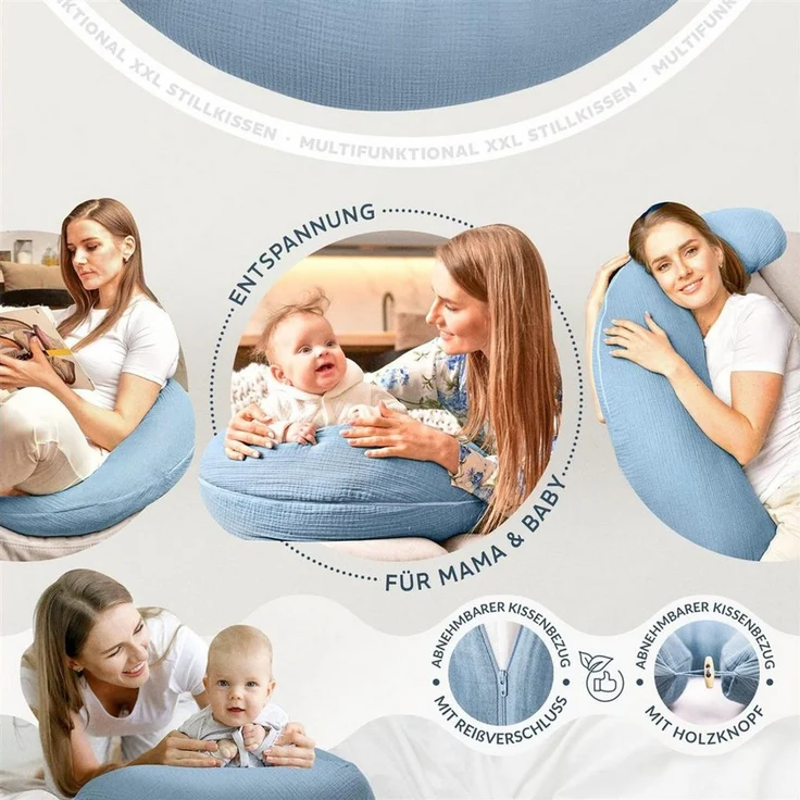 SEI Design Stillkissen Seitenschläferkissen Babynestchen mit EPS Mikroperlen, Schwangerschaftskissen mit Bezug, Schwangerschaftskissen mit Bezug, Musselin BIO Baumwolle – Bild 2