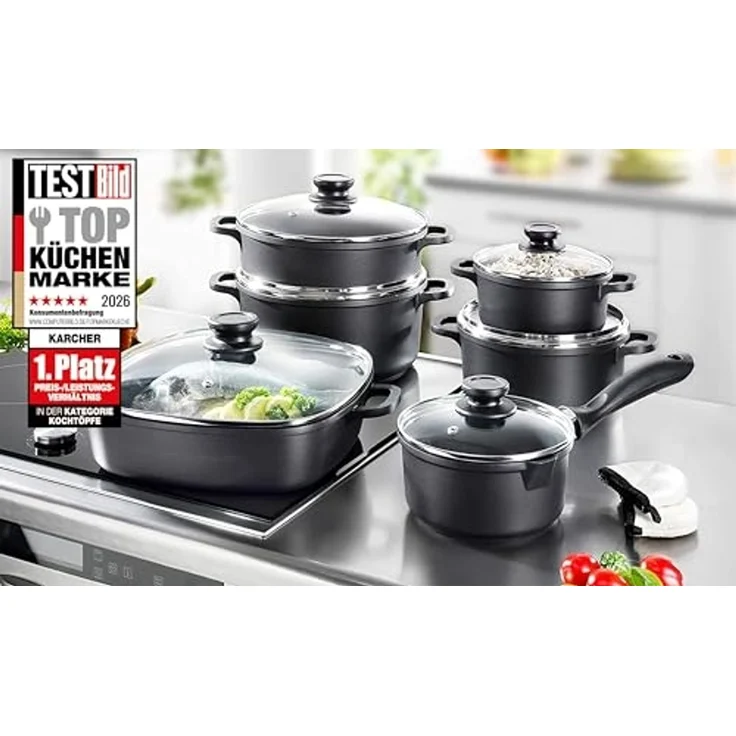 Karcher Topf-Set Aluguss, Aluminiumguss (12-tlg), Teflon-Classic-Antihaftbeschichtung, inkl. Glasdeckel & 2 Thermogrips – Bild 2