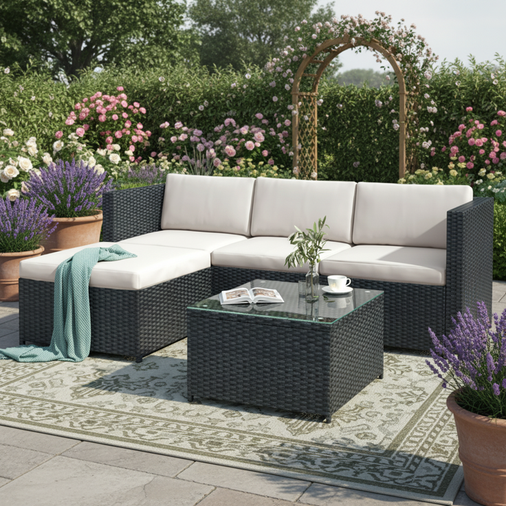 Merax Polyrattan Gartenmöbel Set (2-tlg), Balkonmöbel Set Kleiner Balkon Loungeset, Terassenmöbel Wetterfest mit Sofa, Tisch, Hocker und Kissen, Schwarz – Bild 2