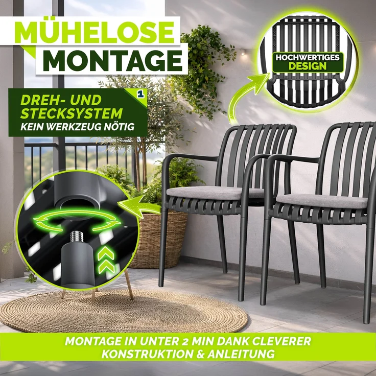 tillvex® Gartenstühle 2er Set Stapelbar Wetterfest mit Armlehne | Outdoor Stühle bis 120kg belastbar | Gartenstühle Outdoor | Terrassenstuhl Gartenmöbel Balkon Garten Terrasse – Bild 9