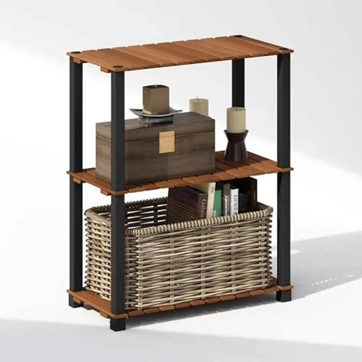 Furinno Turn-N-Tube 3-stufiges Display-Regal, Aufbewahrungsregal, Bücherregal, offene Regale, mit Holzlatten, quadratische Stangen, für Indoor-Outdoor-Organisation, Natur – Bild 1