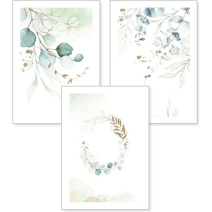 Kreative Feder Poster, Aquarell, Natur, Pflanze, Blätter, Zweige, elegant, grün (Set, 3 St), 3-teiliges Poster-Set, Wandbild, optional mit Rahmen, DIN A4 oder A3 – Bild 1