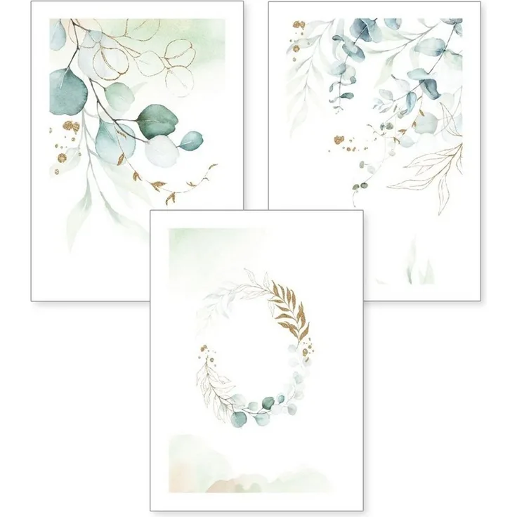Kreative Feder Poster, Aquarell, Natur, Pflanze, Blätter, Zweige, elegant, grün (Set, 3 St), 3-teiliges Poster-Set, Wandbild, optional mit Rahmen, DIN A4 oder A3