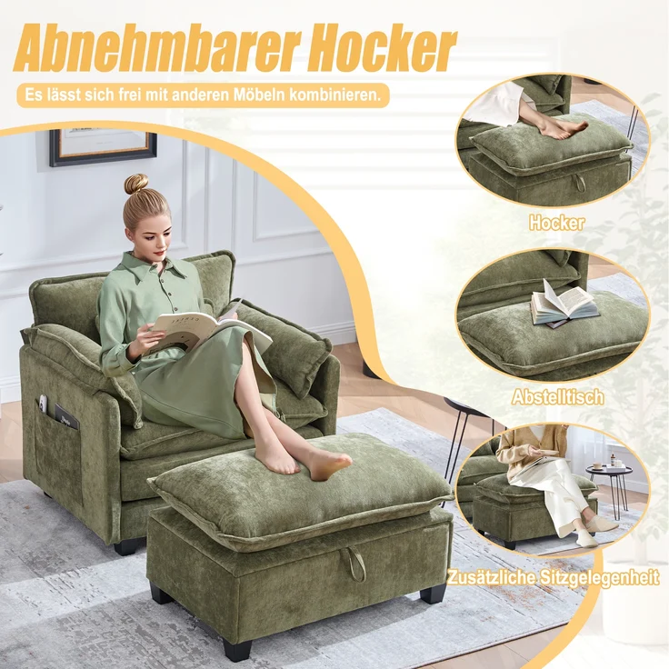 LVHOM Einzelsofa mit Ottomane, Chenille Chaiselongue Sessel mit Seitentasche, Relaxsessel Fernsehsessel Ohrensessel mit Hocker, Olive – Bild 4