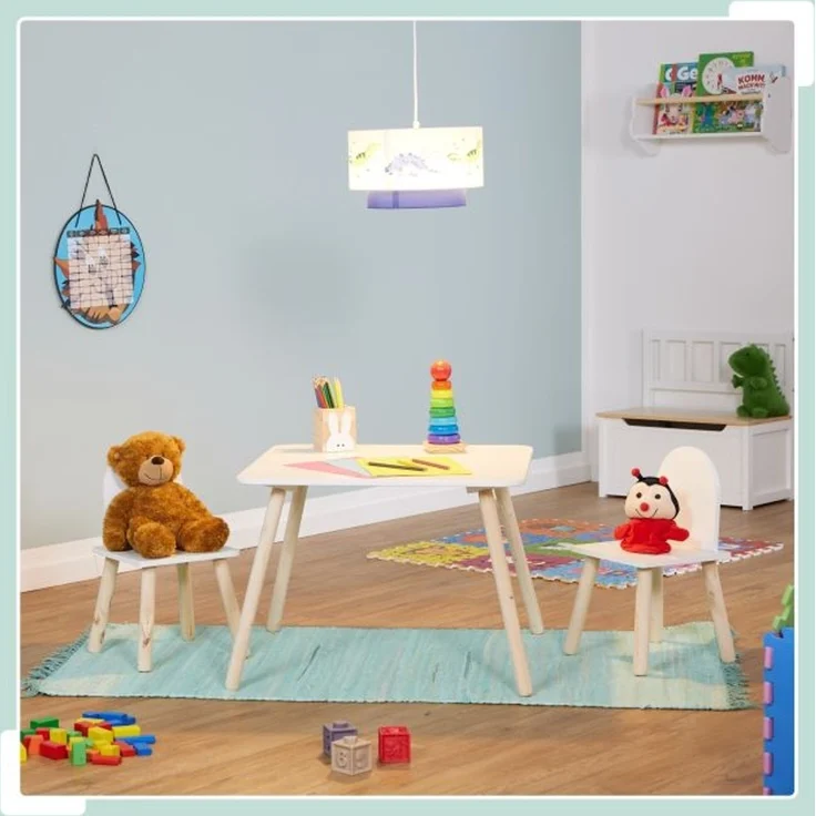 Relaxdays Kindersitzgruppe, 3-TLG, Kindertisch mit 2 Stühlen, Mädchen & Jungen, Sitzecke fürs Kinderzimmer, weiß/Natur – Bild 2