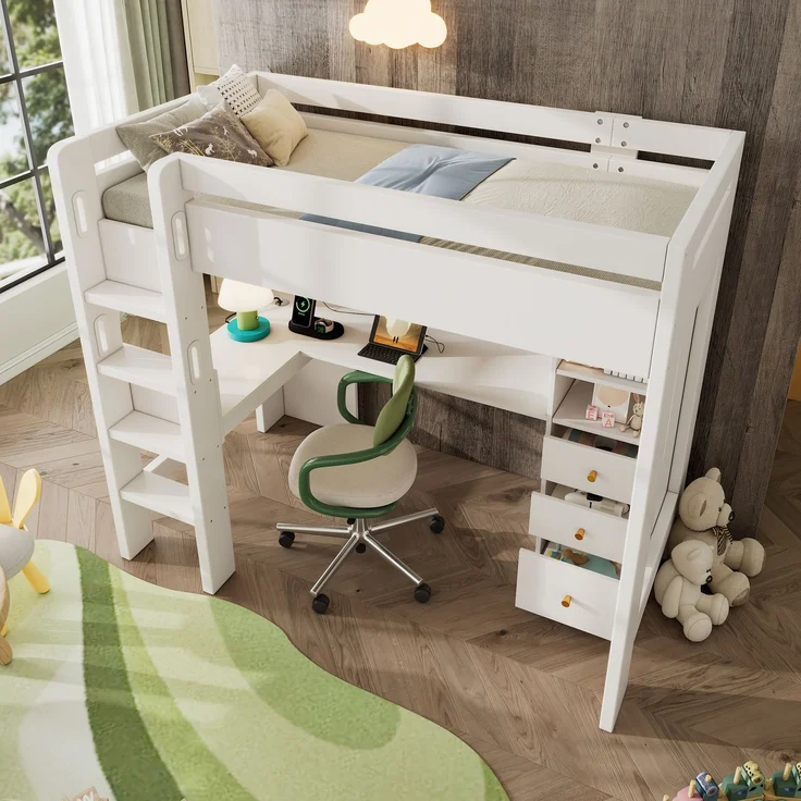 Hochbett Einzelbett mit Holzlattenrost, USB/Type-C Ladebereich, L-förmigem Schreibtisch, Regalen und Schubladen,ohne Matratze – Bild 2