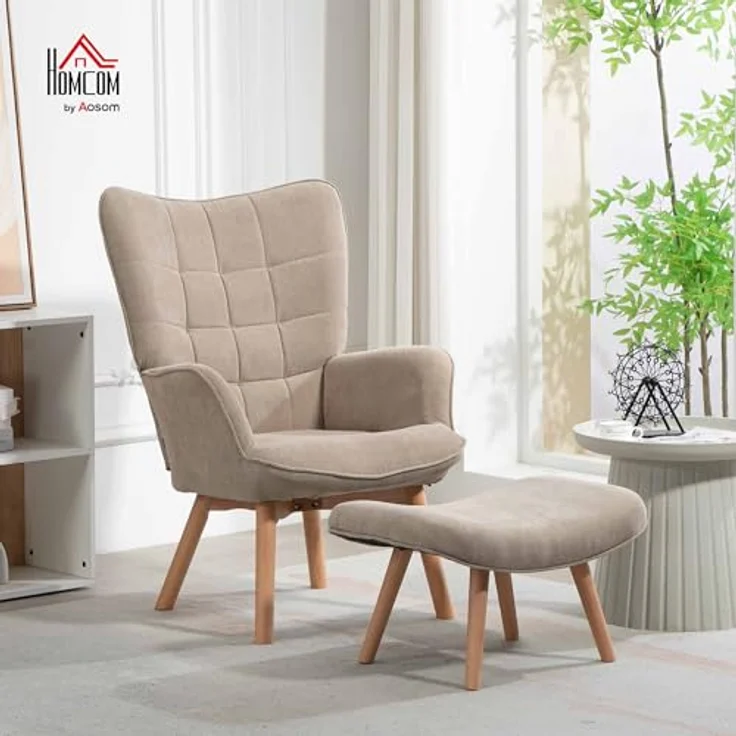 HOMCOM Relaxsessel Ohrensessel mit Hocker, Polstersessel in Cord-Optik (Loungesessel, 2-St, Armlehnstuhl), für Wohnzimmer, Hellbraun – Bild 3