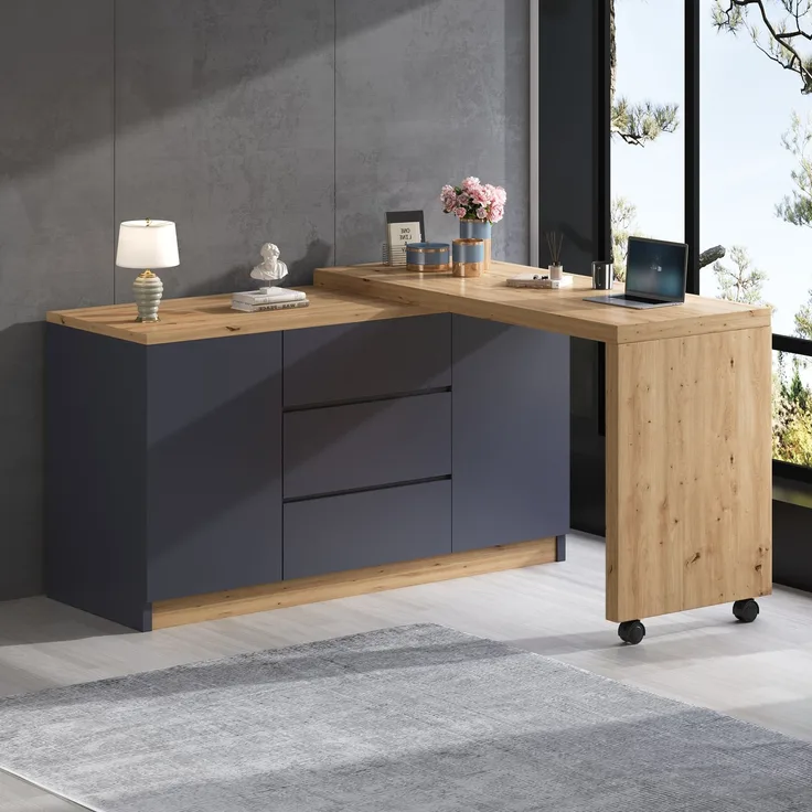 Flieks 360° Schreibtisch mit Sideboard, 120×50×76.5cm, Eckschreibtisch auf Rollen, Computertisch mit 3 Schubladen & 2 Türen, Grau/Eiche