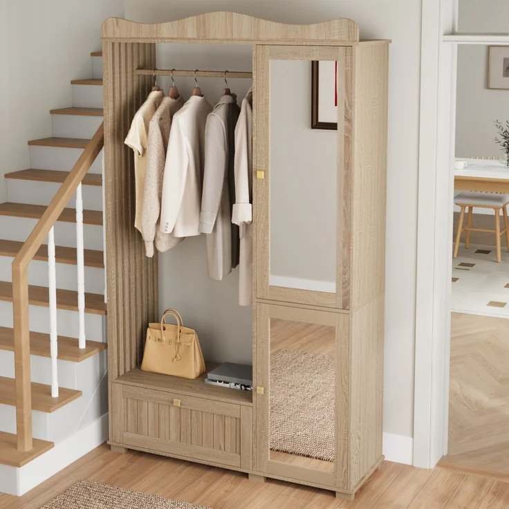 Garderobenschrank mit Spiegel & Offener Kleiderständer – ,Kompaktgarderobe,Praktische Aufbewahrung mit Schublade & 2 Türen, Ideal für Schlafzimmer & Flur--Eiche--115.5x38.5x194.5cm--YOUDENOVA – Bild 9