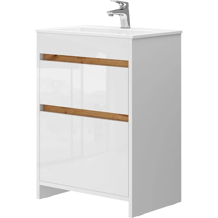 Waschbeckenunterschrank Detmold Weiß Hochglanz/Goldkraft Eiche 2 Teile, Unterschrank 60 cm Vicco