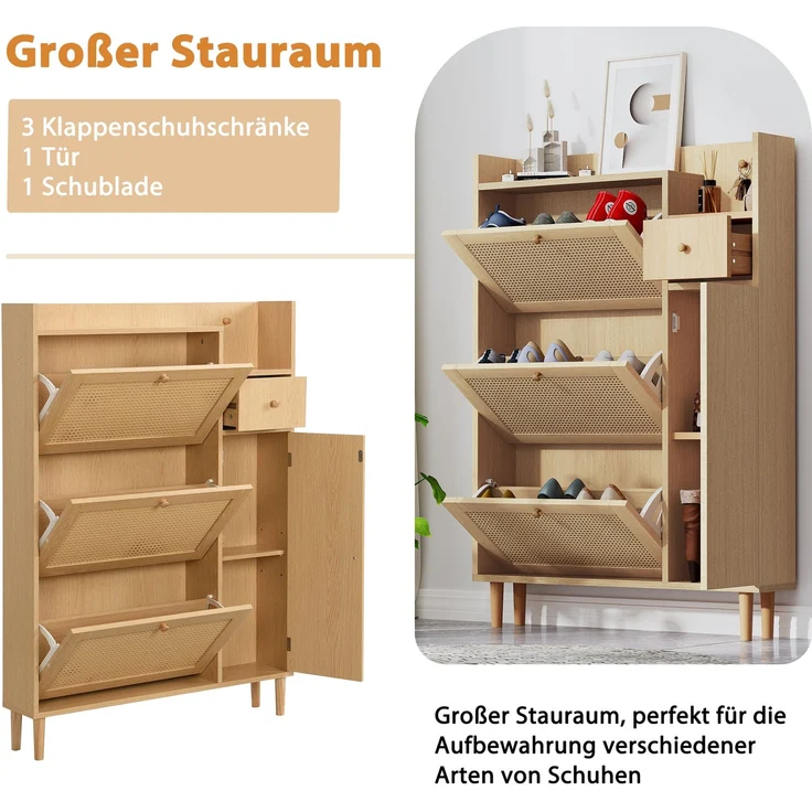 Merax Schmal Schuhschrank mit 3 Klappen, Rattan Schuhschrank Schuhkipper mit Schublade und Tür, Schuhkommode mit Verstellbarer Ablage, Weiß – Bild 6