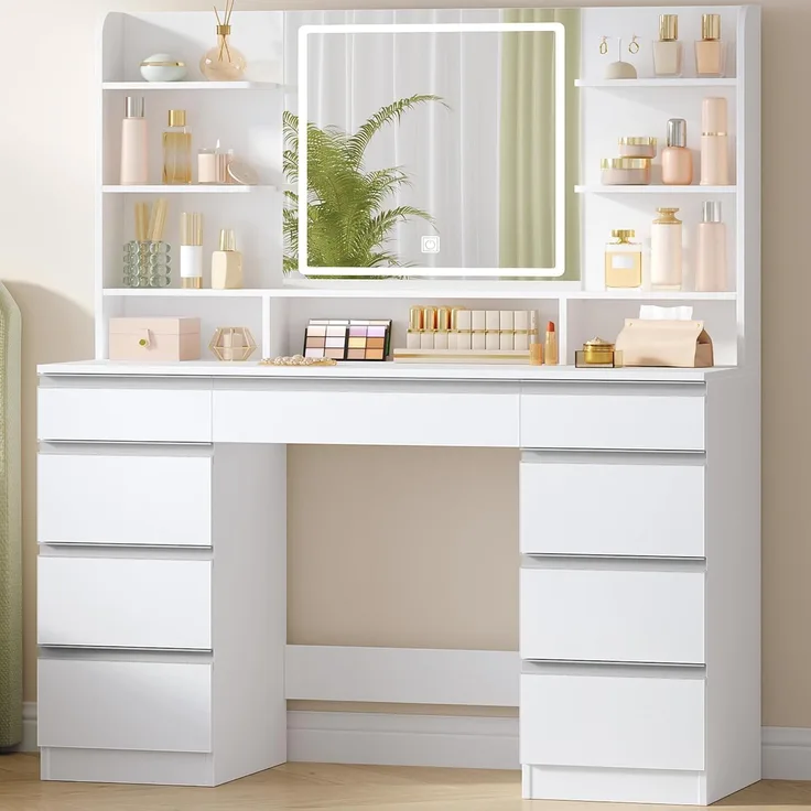 Großer Schminktisch mit LED-Beleuchtung, 3 Farben, Helligkeitsregulierung, Schminktisch mit Spiegel, 9 Schubladen, 9 offenen Ablagen, Moderner Stil, Weiß-Silber
