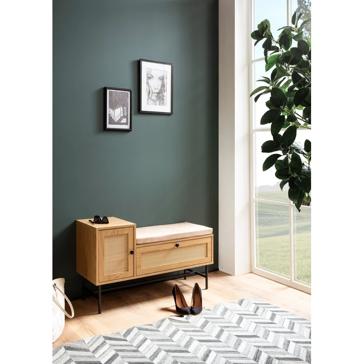 Schuhbank Eiche-Dekor Rattan gepolstert 100x60x38cm mit Stauraum Schublade Tür – Bild 2