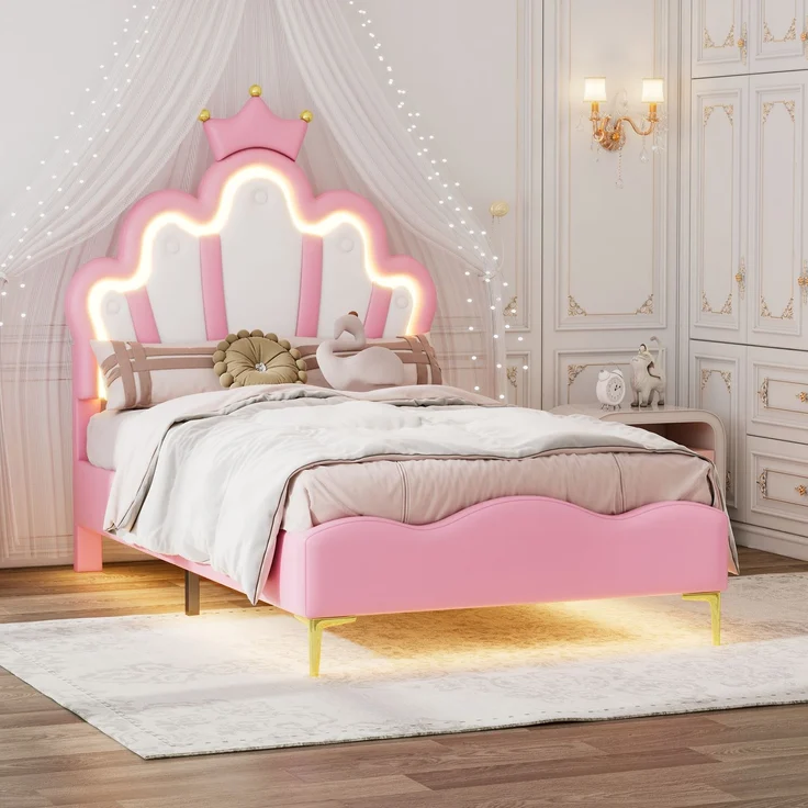 U-life Prinzessinnenbett 90x200 cm Einzelbett Kinderbett Jugendbett mit Kronen-Kopfteil, LED-Lichtleiste und PU-Bezug, Rosa – Bild 4