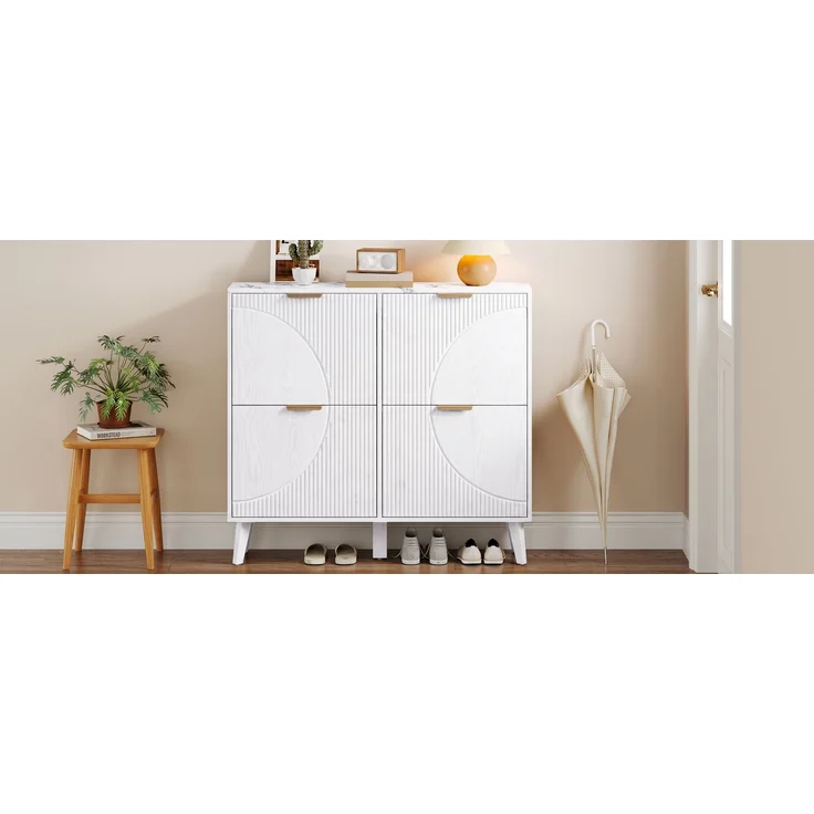 ZUBALIYA Schuhschrank (105 x 24 x 95,5 cm), 4 Klappfächer, Strukturierte Fronten, Stauraum für Flur und Eingangsbereich, Weiß – Bild 12