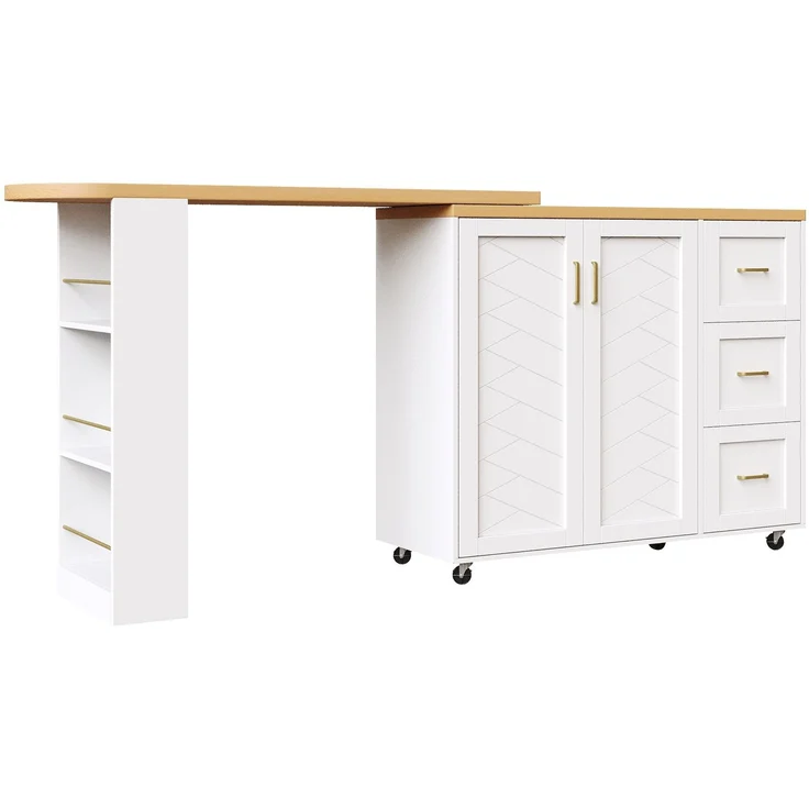 Merax Verlängerbarer Barwagen mit 2 Türen & 3 Schubladen (135-228 x 39 x 104 cm), rollbar, Bartisch in Weiß, Arbeitsplatte in Holzoptik – Bild 9