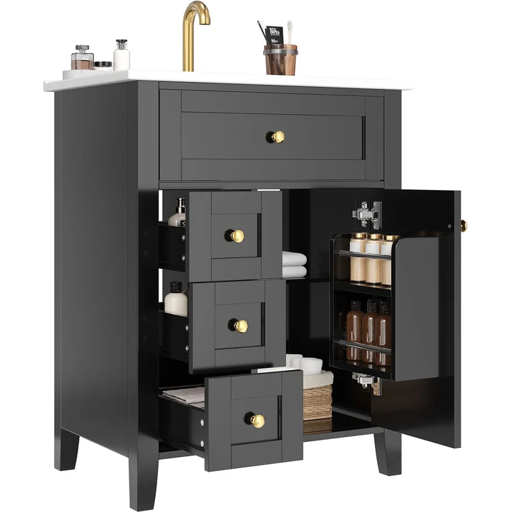 Waschtischunterschrank 61 x 47 x 86 cm mit Keramikwaschbecken und Schubladen – Hochglanzschwarz – Bild 4