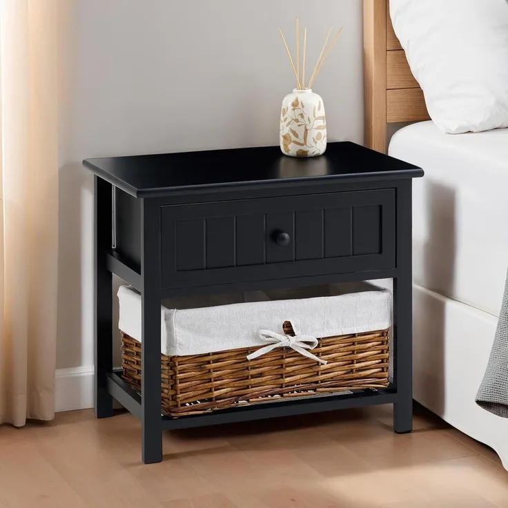 IDIMEX Nachtkommode AKURE, Nachttisch mit Schublade und Weidenkorb aus Holz Landhausstil Schwarz
