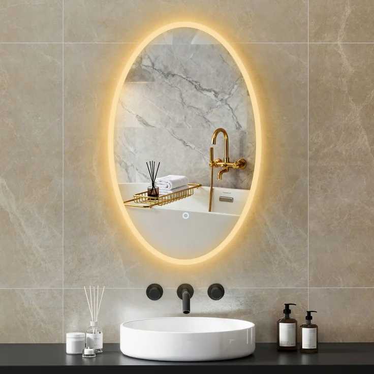 Badezimmerspiegel mit Beleuchtung 80 x 50 cm, ovaler LED-Spiegel, beschlagfrei, 3 Lichtfarben, dimmbar, transparent – Bild 4