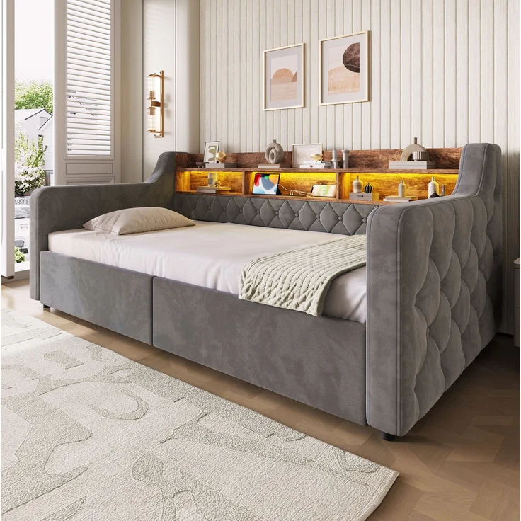 Polsterbett 90x190 cm in Dunkelgrau mit LED, Ablage und 2 Schubladen – Ohne Matratze – Bild 2