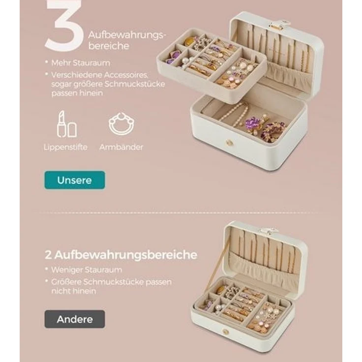 SONGMICS Schmuckkästchen Reise, Schmuckkasten klein, 2 Ebenen Schmuckaufbewahrung, tragbar, Schmuck-Reiseetui, für größere Accessoires, 11 x 16 x 8 cm, Geschenkidee, Weihnachten, wolkenweiß JBC166W01 – Bild 3